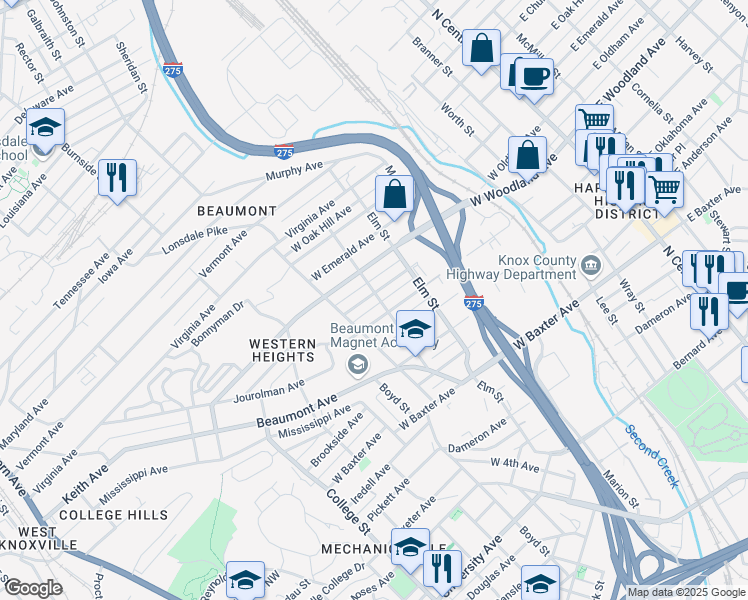 map of restaurants, bars, coffee shops, grocery stores, and more near 902 West Woodland Avenue in Knoxville