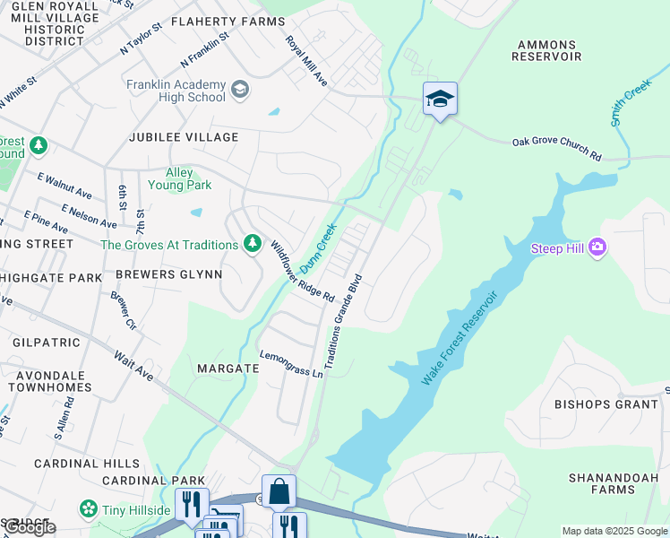 map of restaurants, bars, coffee shops, grocery stores, and more near 409 Retreat Lane in Wake Forest
