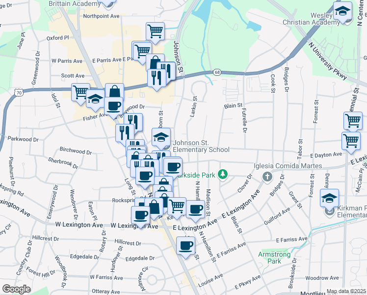 map of restaurants, bars, coffee shops, grocery stores, and more near 1515 Larkin Street in High Point