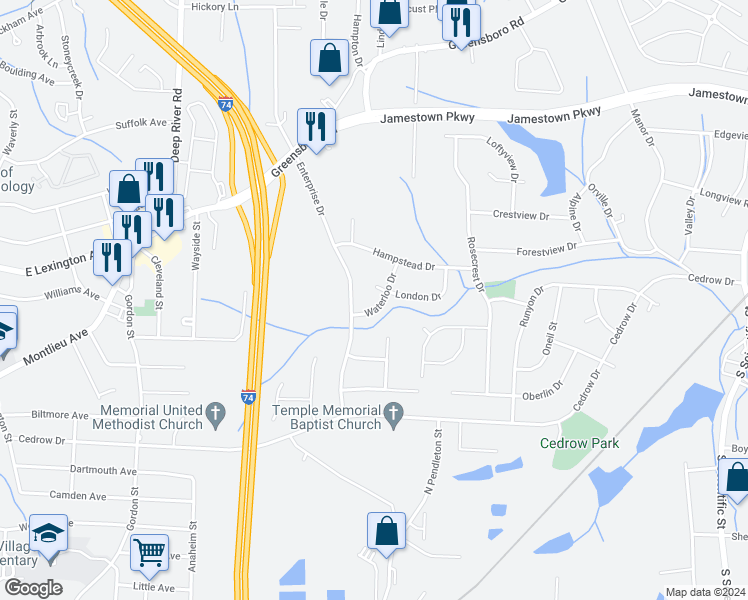 map of restaurants, bars, coffee shops, grocery stores, and more near 1409 Waterloo Drive in High Point