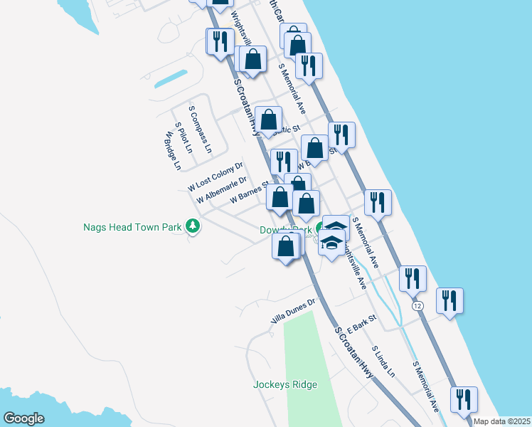 map of restaurants, bars, coffee shops, grocery stores, and more near 2904 South Meekins Avenue in Nags Head