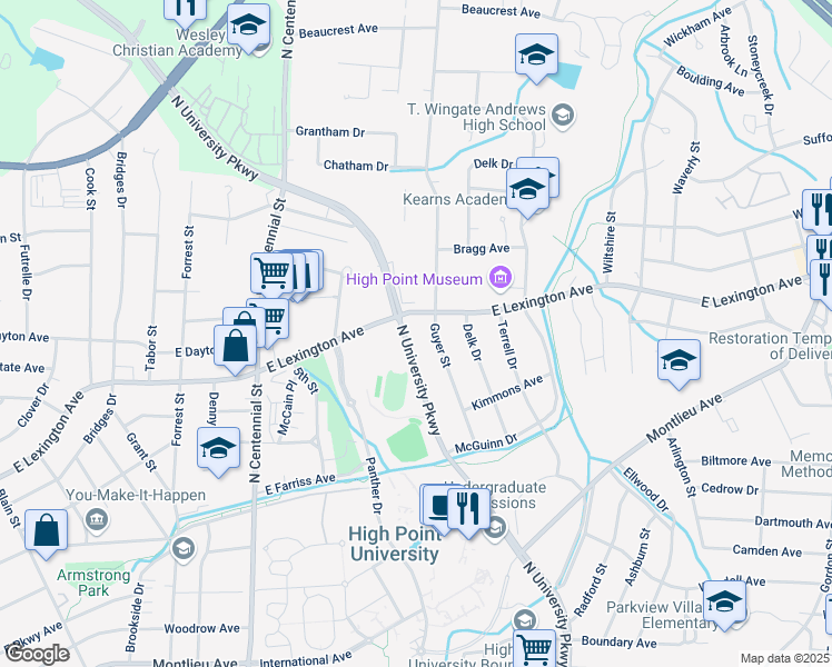 map of restaurants, bars, coffee shops, grocery stores, and more near 1210 North University Parkway in High Point