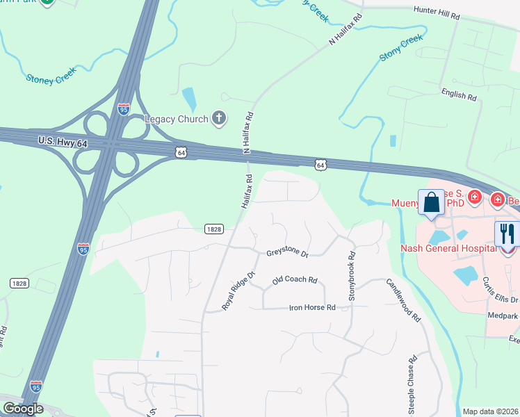 map of restaurants, bars, coffee shops, grocery stores, and more near 3216 Abbey Road in Rocky Mount