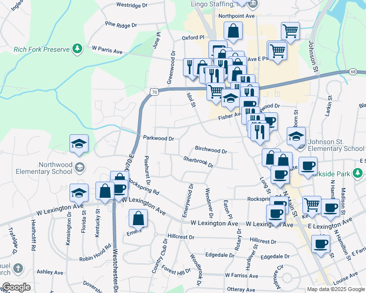 map of restaurants, bars, coffee shops, grocery stores, and more near 1712 Bristol Place in High Point