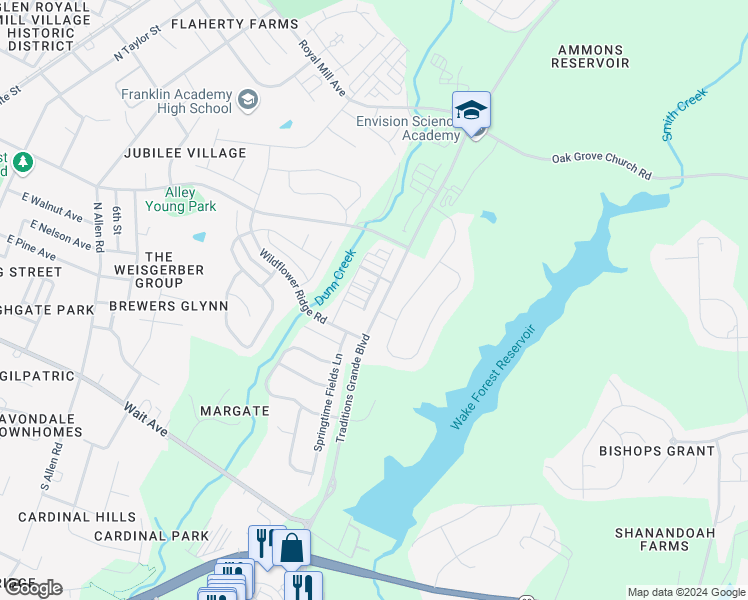 map of restaurants, bars, coffee shops, grocery stores, and more near 432 Retreat Lane in Wake Forest