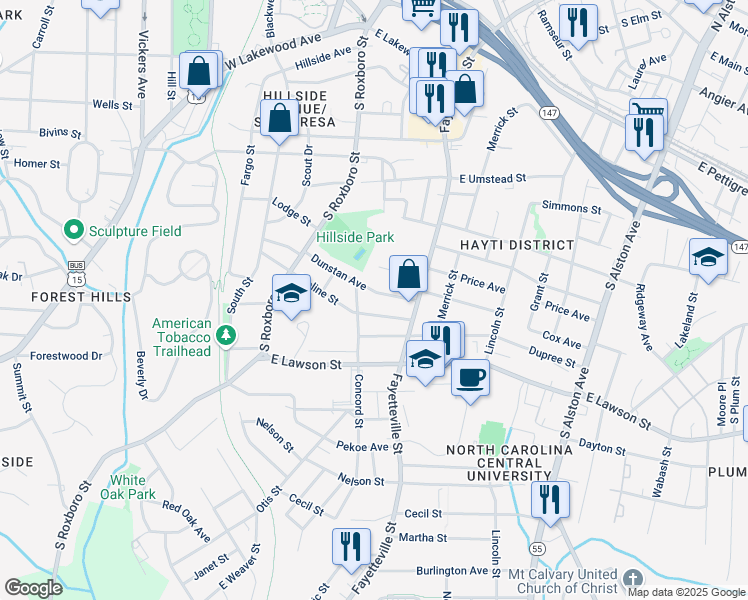 map of restaurants, bars, coffee shops, grocery stores, and more near 310 Dunstan Avenue in Durham