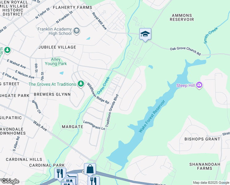 map of restaurants, bars, coffee shops, grocery stores, and more near 432 Retreat Lane in Wake Forest