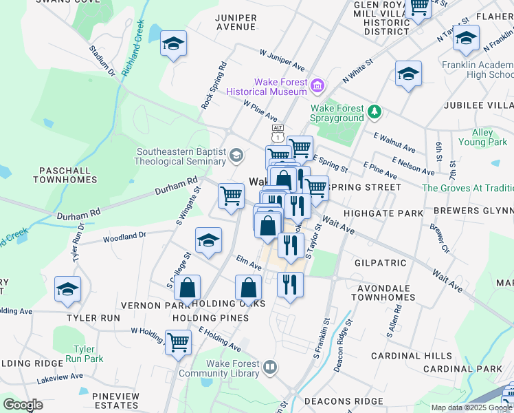 map of restaurants, bars, coffee shops, grocery stores, and more near 138 East South Avenue in Wake Forest