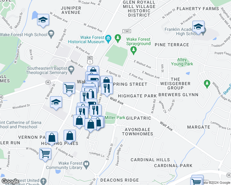 map of restaurants, bars, coffee shops, grocery stores, and more near 408 Pearce Avenue in Wake Forest