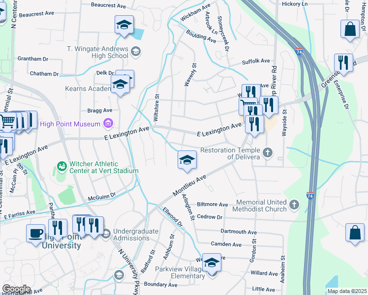 map of restaurants, bars, coffee shops, grocery stores, and more near 2400 Williams Avenue in High Point