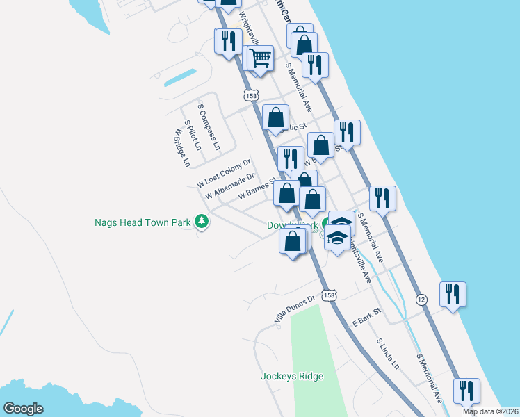 map of restaurants, bars, coffee shops, grocery stores, and more near 200-220 Morning Dove Rd in Nags Head