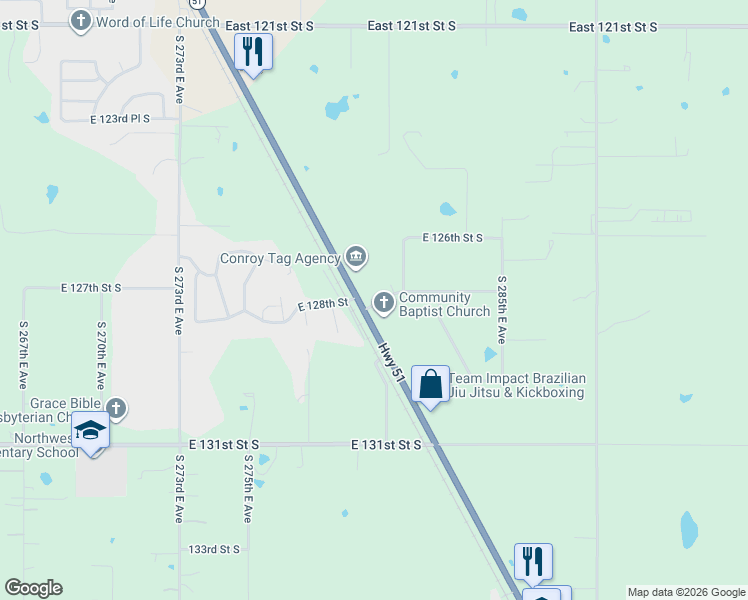 map of restaurants, bars, coffee shops, grocery stores, and more near 28025 East 127th Street South in Coweta