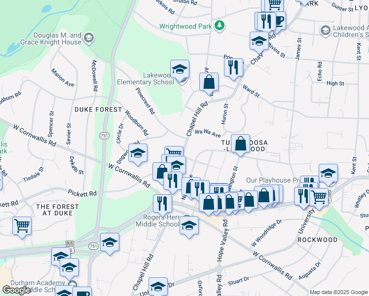 map of restaurants, bars, coffee shops, grocery stores, and more near 2612 Chapel Hill Road in Durham