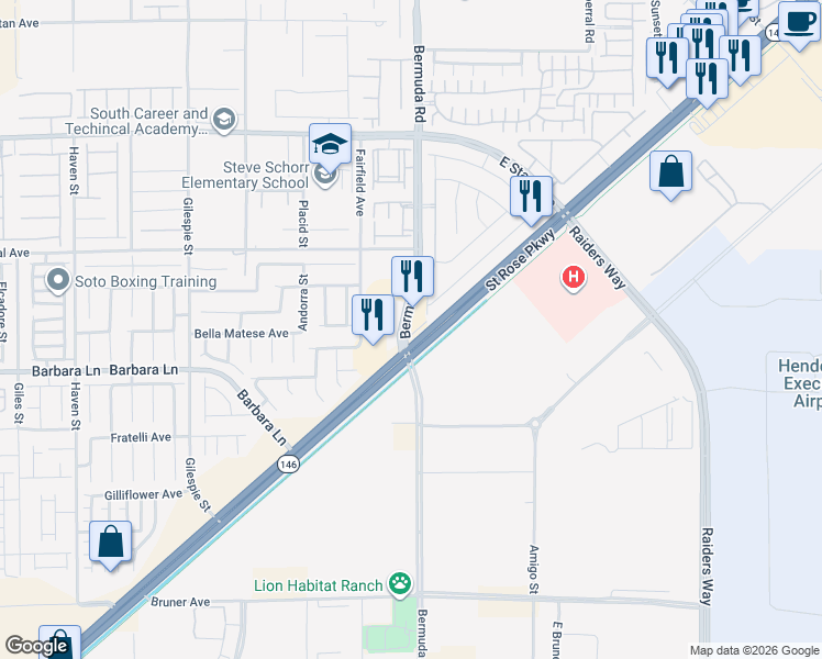 map of restaurants, bars, coffee shops, grocery stores, and more near 11624 Bermuda Road in Henderson
