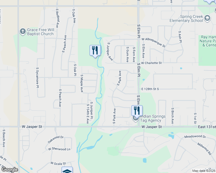 map of restaurants, bars, coffee shops, grocery stores, and more near 913 West Park Court in Broken Arrow