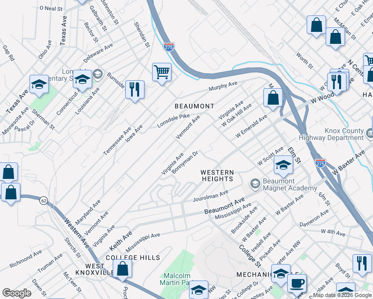 map of restaurants, bars, coffee shops, grocery stores, and more near Virginia Avenue Northwest in Knoxville
