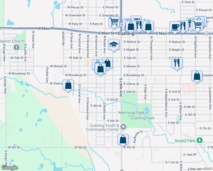map of restaurants, bars, coffee shops, grocery stores, and more near 212 South Noble Avenue in Cushing
