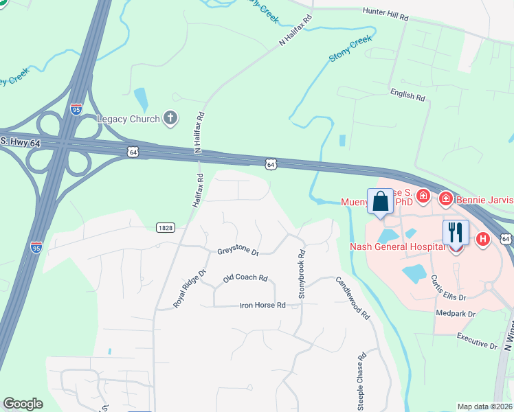 map of restaurants, bars, coffee shops, grocery stores, and more near 3189-3199 Abbey Road in Rocky Mount