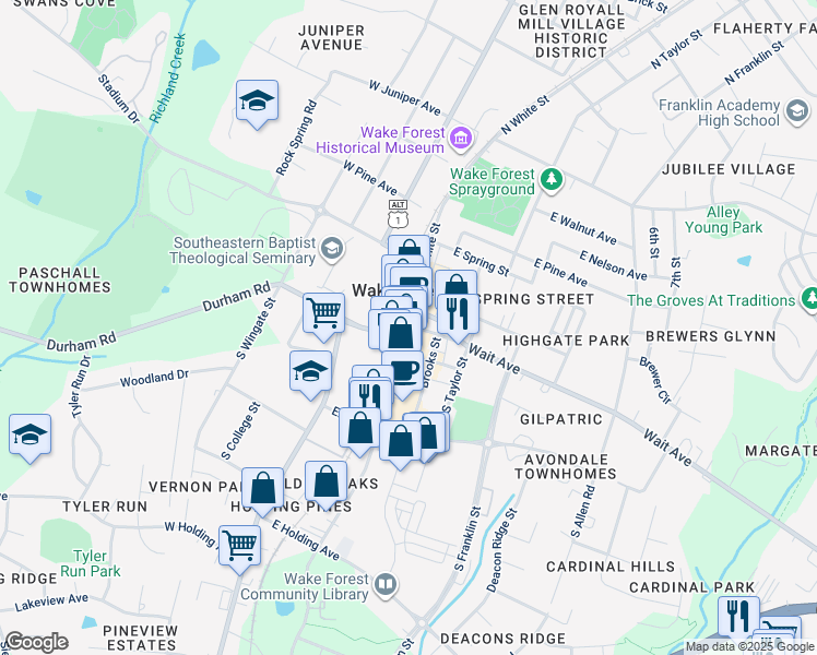 map of restaurants, bars, coffee shops, grocery stores, and more near 105 South White Street in Wake Forest