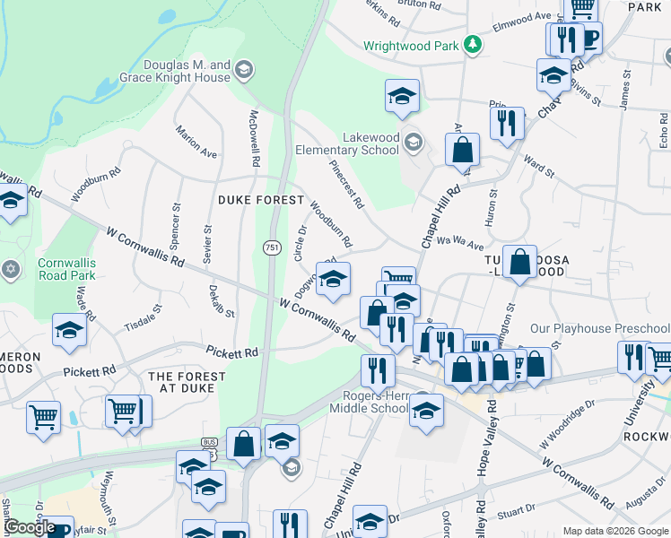 map of restaurants, bars, coffee shops, grocery stores, and more near 2729 Dogwood Road in Durham