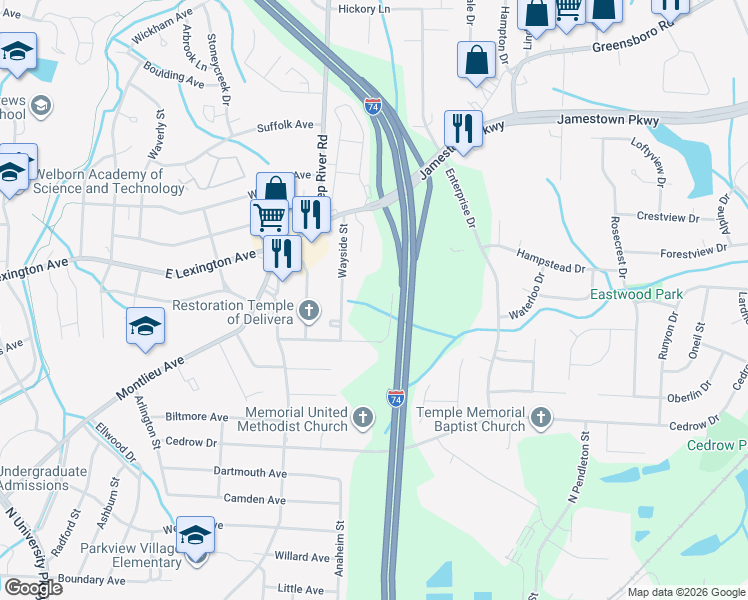 map of restaurants, bars, coffee shops, grocery stores, and more near 1122 Wayside Street in High Point
