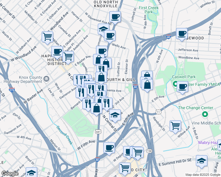 map of restaurants, bars, coffee shops, grocery stores, and more near 812 Gratz Street in Knoxville