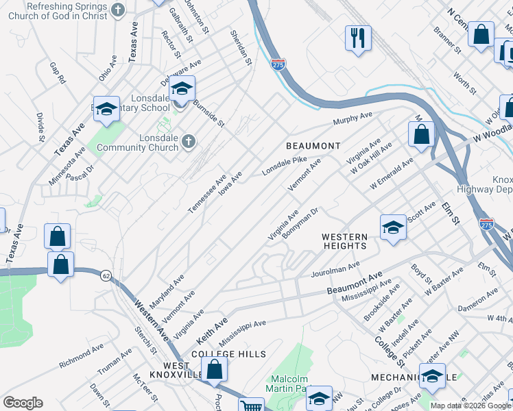 map of restaurants, bars, coffee shops, grocery stores, and more near 1505 Maryland Avenue in Knoxville
