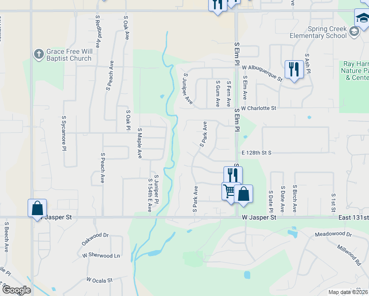 map of restaurants, bars, coffee shops, grocery stores, and more near 913 West Park Court in Broken Arrow