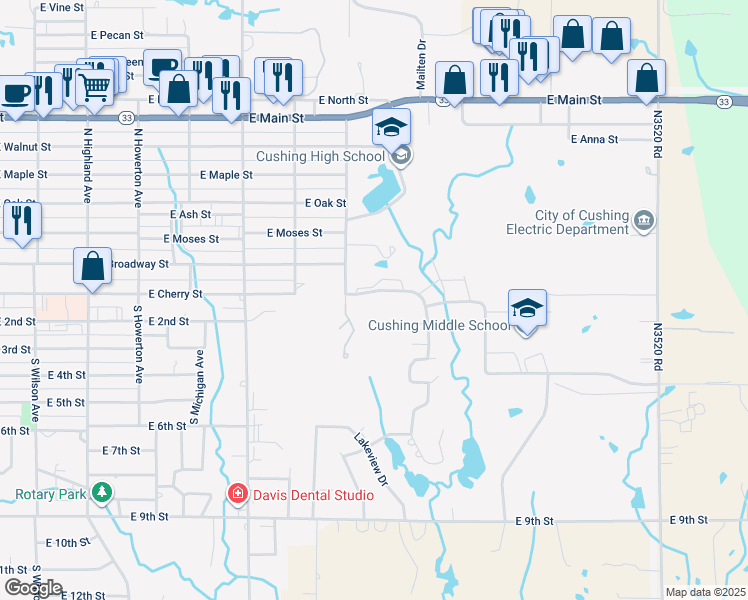 map of restaurants, bars, coffee shops, grocery stores, and more near 1619 Timber Ridge Drive in Cushing