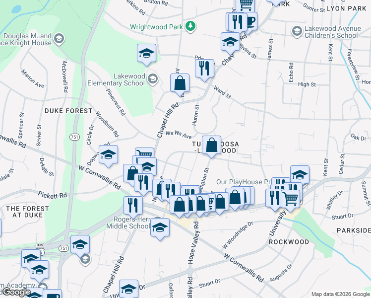 map of restaurants, bars, coffee shops, grocery stores, and more near 2512 Nation Avenue in Durham