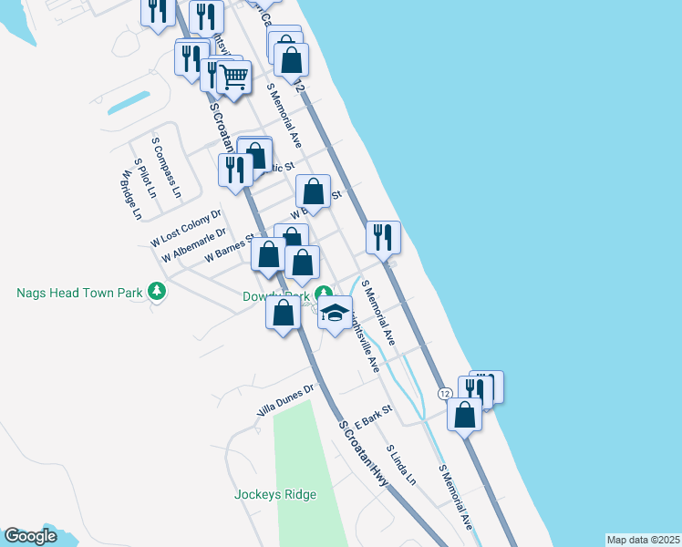 map of restaurants, bars, coffee shops, grocery stores, and more near 2433 South Wrightsville Avenue in Nags Head