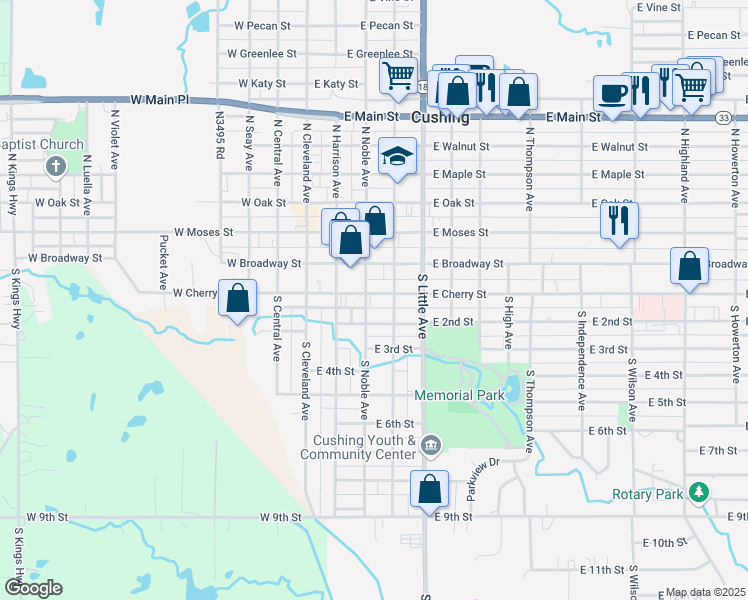map of restaurants, bars, coffee shops, grocery stores, and more near 212 South Noble Avenue in Cushing
