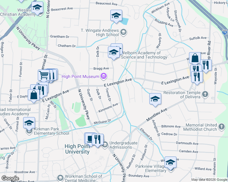 map of restaurants, bars, coffee shops, grocery stores, and more near 1524 McGuinn Drive in High Point