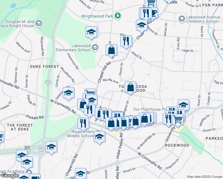 map of restaurants, bars, coffee shops, grocery stores, and more near 2600 Nation Avenue in Durham