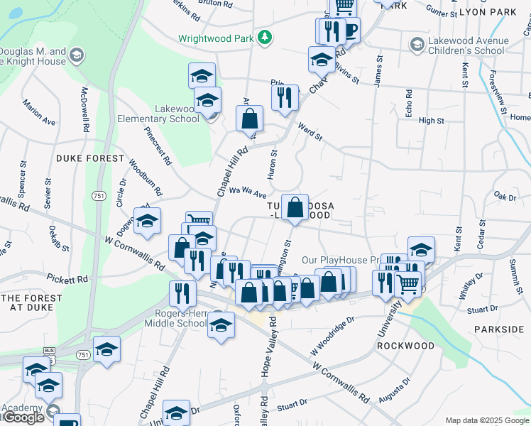 map of restaurants, bars, coffee shops, grocery stores, and more near 2506 Nation Avenue in Durham
