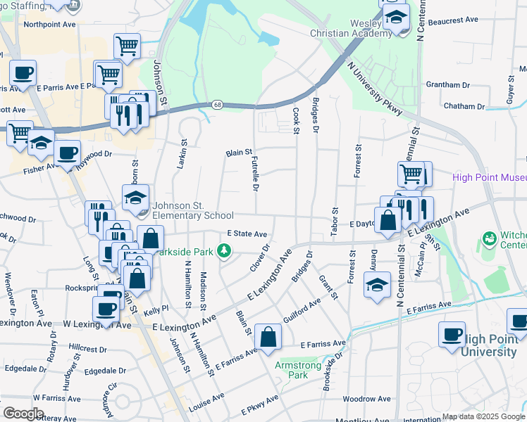 map of restaurants, bars, coffee shops, grocery stores, and more near 533 East Dayton Avenue in High Point
