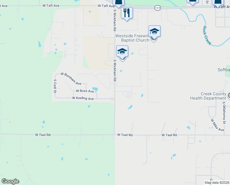 map of restaurants, bars, coffee shops, grocery stores, and more near 1200 South Wickham Road in Sapulpa