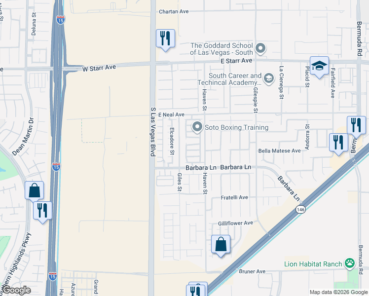 map of restaurants, bars, coffee shops, grocery stores, and more near 11627 Pride Hill Street in Las Vegas