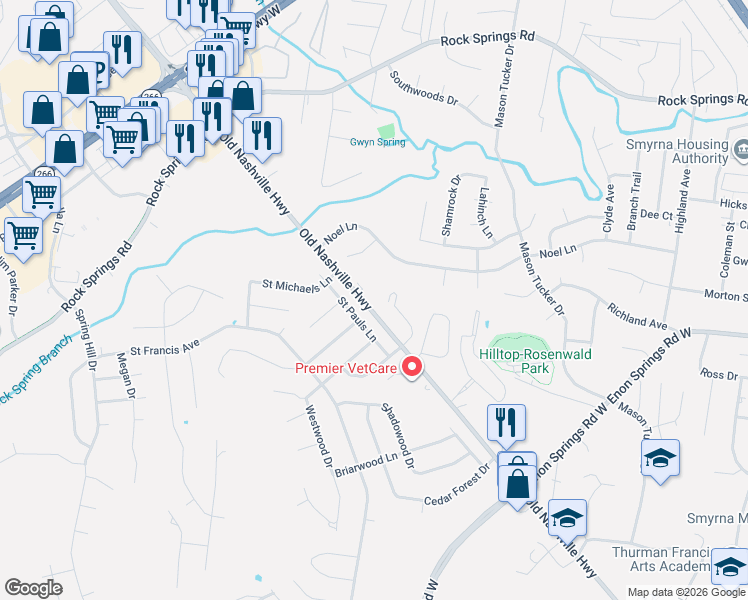 map of restaurants, bars, coffee shops, grocery stores, and more near 13538 Old Nashville Highway in Smyrna
