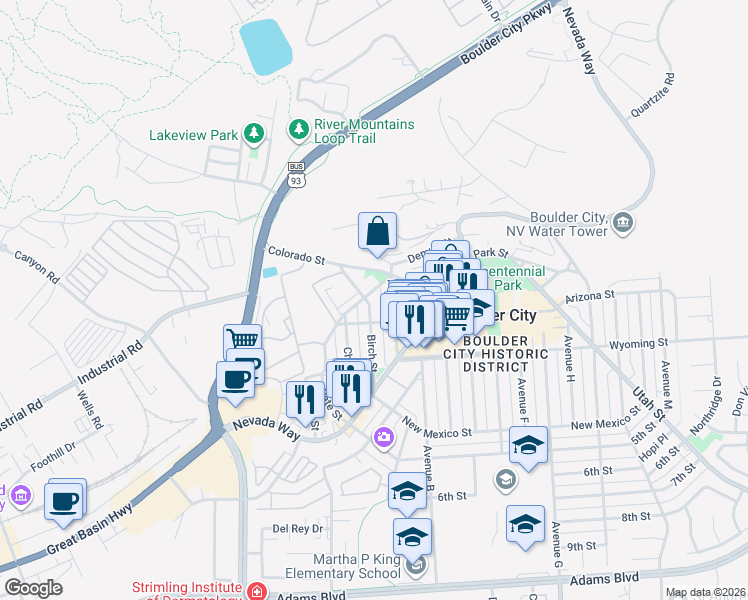 map of restaurants, bars, coffee shops, grocery stores, and more near 300 Railroad Avenue in Boulder City