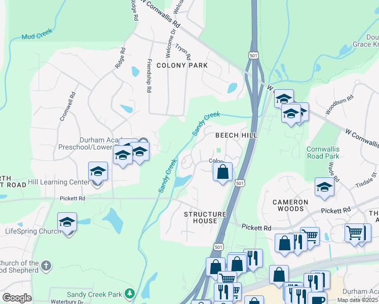 map of restaurants, bars, coffee shops, grocery stores, and more near 29 Stoneridge Circle in Durham
