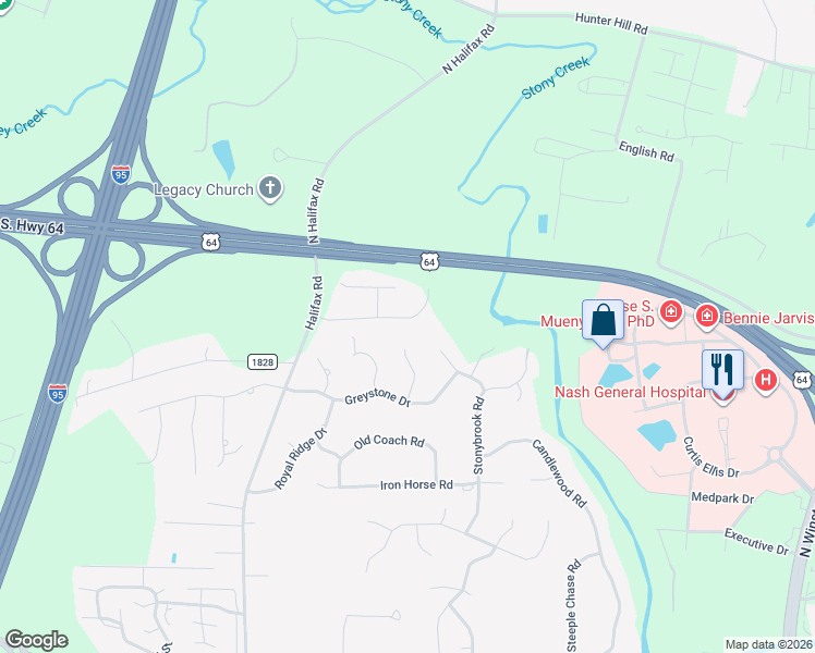 map of restaurants, bars, coffee shops, grocery stores, and more near 3189 Abbey Road in Rocky Mount