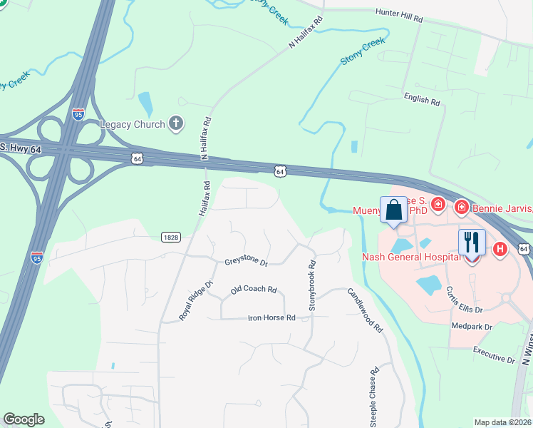 map of restaurants, bars, coffee shops, grocery stores, and more near 3189-3199 Abbey Road in Rocky Mount