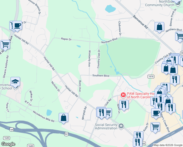 map of restaurants, bars, coffee shops, grocery stores, and more near 206 Southern Boulevard in Rocky Mount