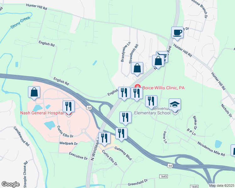 map of restaurants, bars, coffee shops, grocery stores, and more near 516 English Road in Rocky Mount