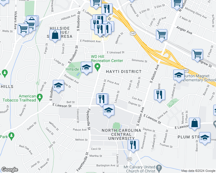 map of restaurants, bars, coffee shops, grocery stores, and more near 607 Dunbar Street in Durham