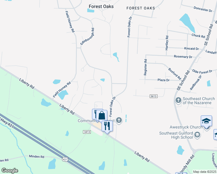 map of restaurants, bars, coffee shops, grocery stores, and more near 5202 Edinborough Road in Greensboro