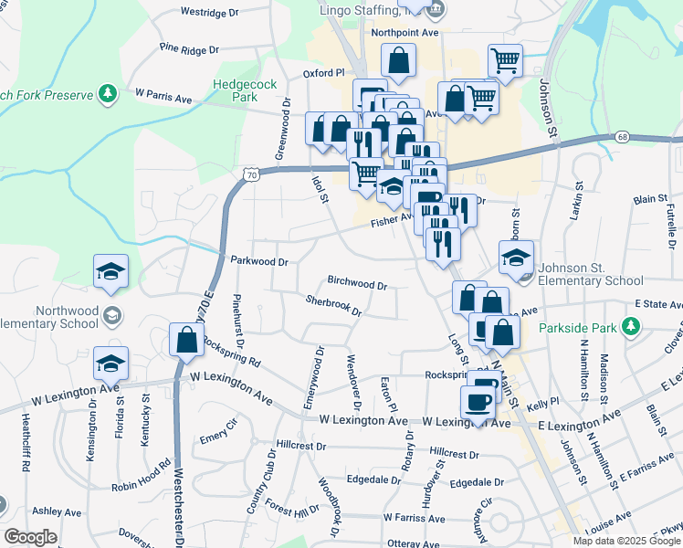 map of restaurants, bars, coffee shops, grocery stores, and more near 510 Birchwood Drive in High Point