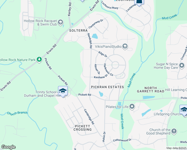 map of restaurants, bars, coffee shops, grocery stores, and more near 3838 Keohane Drive in Durham