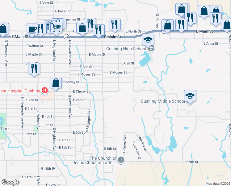 map of restaurants, bars, coffee shops, grocery stores, and more near 1428 East Cherry Street in Cushing